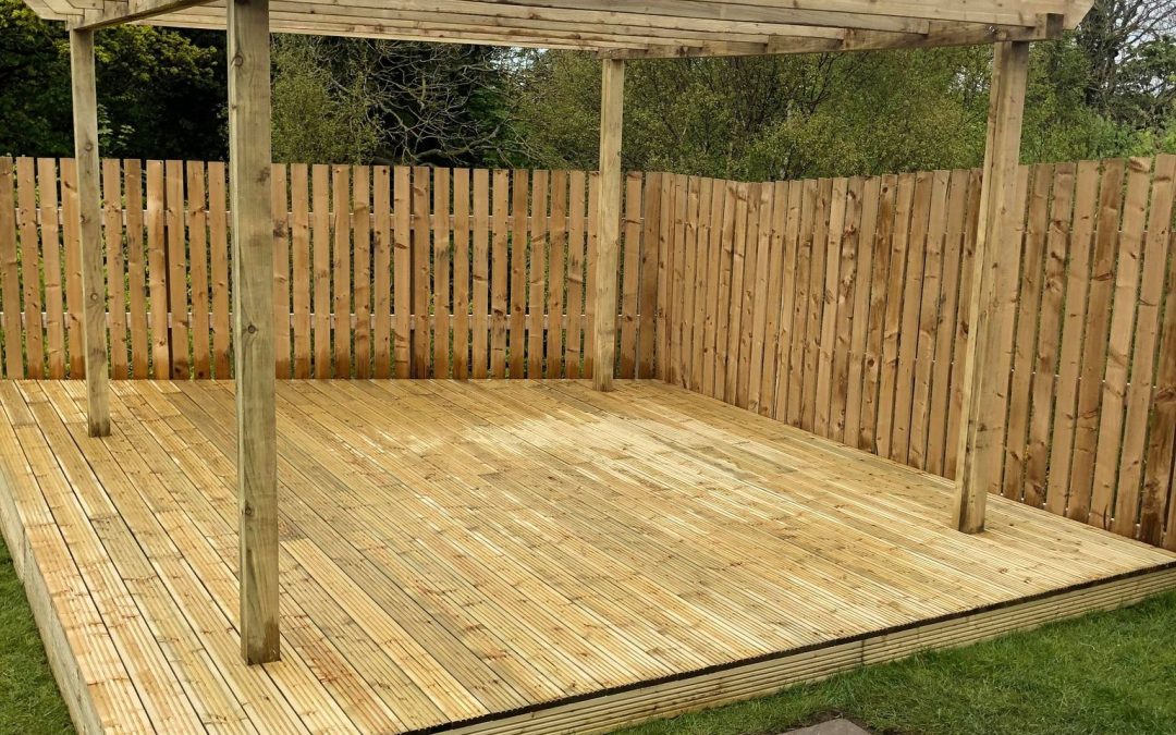 Stylish wooden patio with pergola