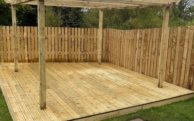 Stylish wooden patio with pergola