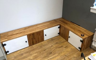 Wooden Oak Bench with Storage Cabinets